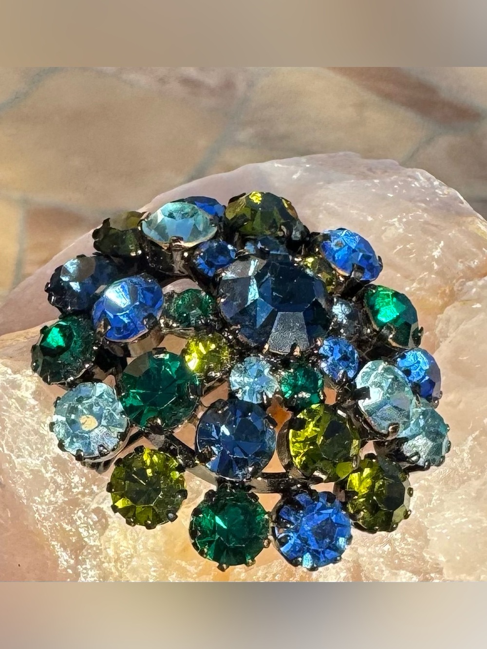 Vintage Made in Austria Blue Green Rhinestone Cluster Brooch Pin